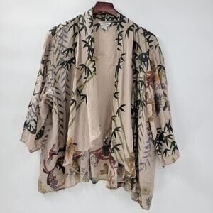 Citron Santa Monica Cardigan Kimono Womens 3X Tan Bamboo Floral Asian Print Top